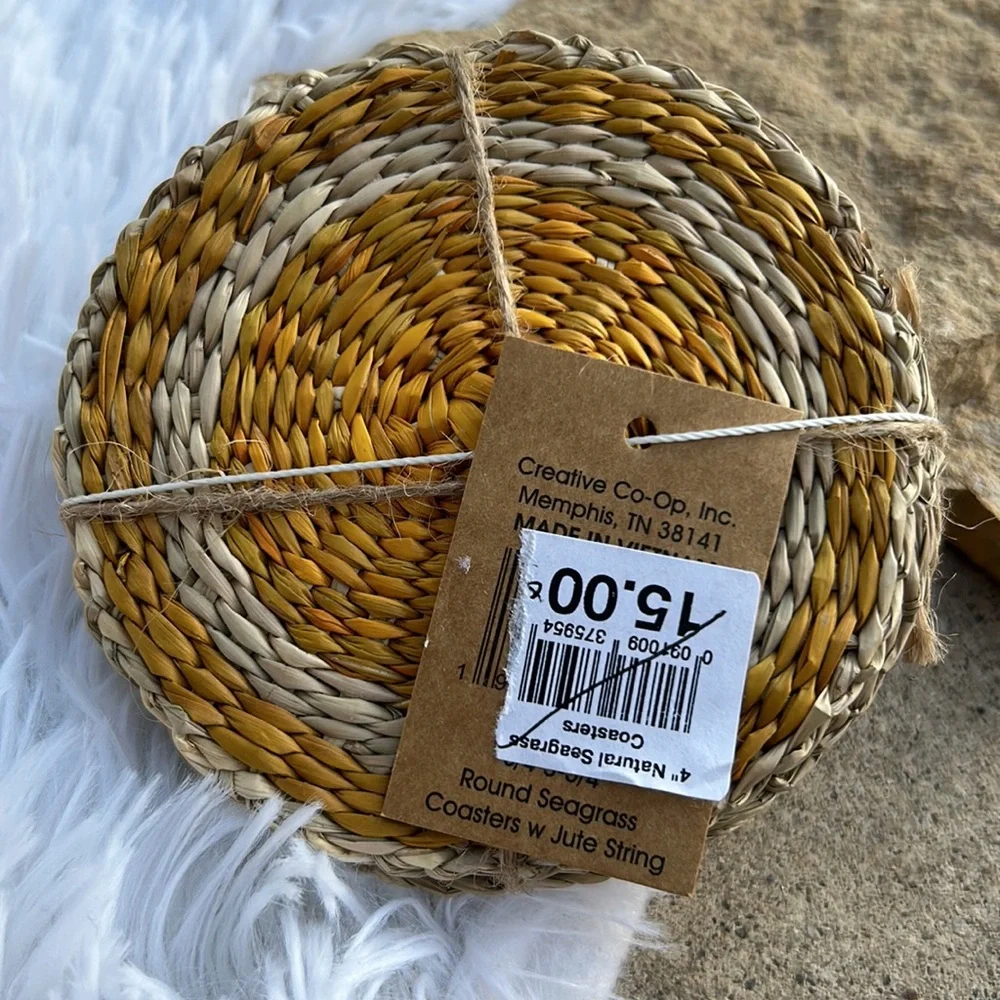 🩶5/$30 Round Seagrass Coasters Set of 4 Golden Yellow & Tan NEW